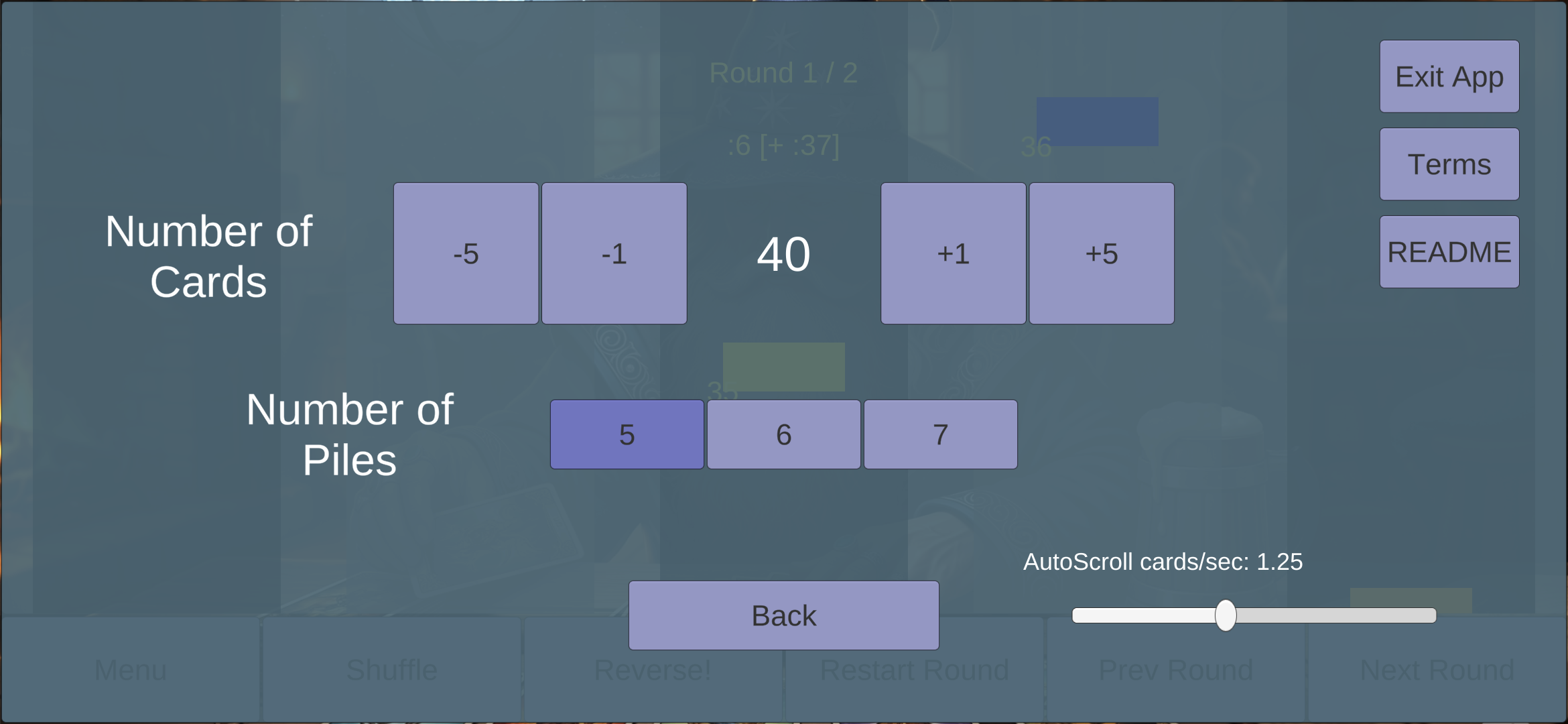 Shuffle Hero settings menu